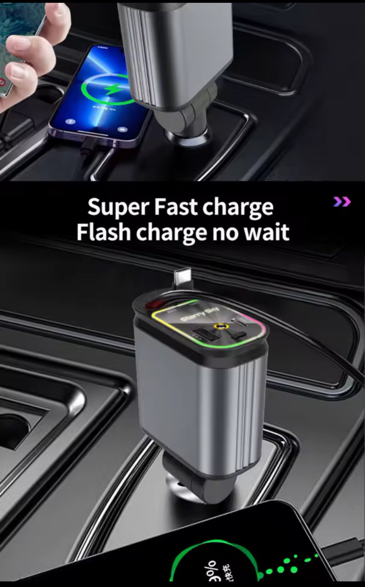 Chargeur de téléphone de voiture super rapide, 100W, avec directions rétractables, port USB et de type C, 4 en 1